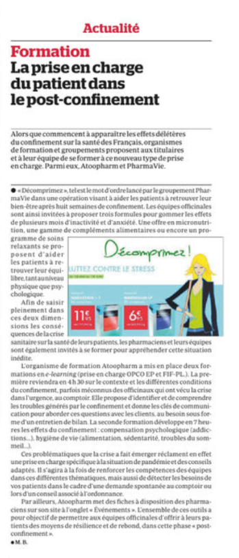 Atoopharm's tweet photo. Le Quotidien du Pharmacien parle de notre formation
"Pandémie COVID-19 : prise en charge à l'officine des effets délétères du confinement " #pharmacie 
https://t.co/3kgavZDW0Q https://t.co/whTKqfT0ak