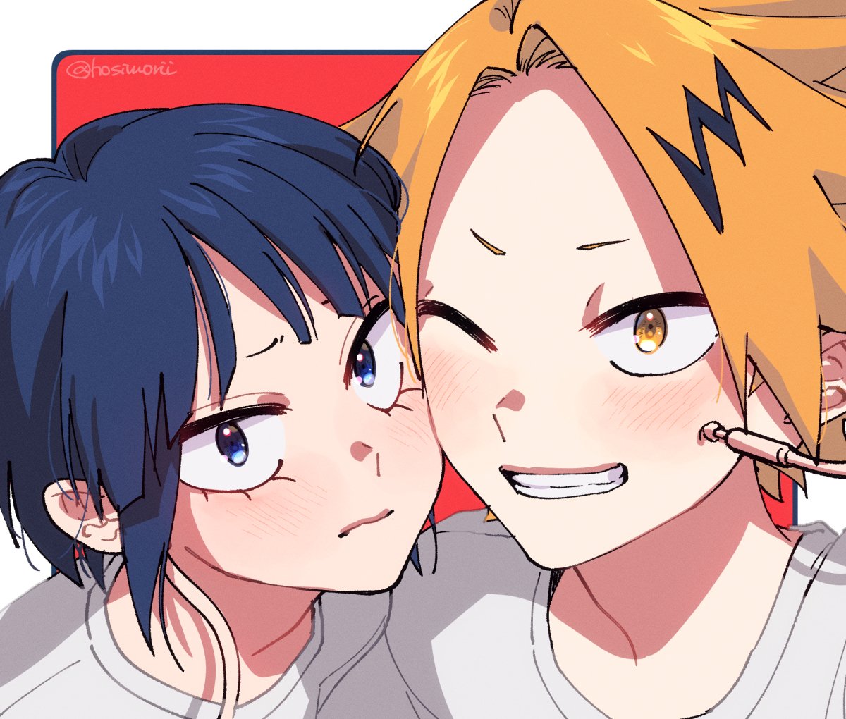 jirou kyouka 1girl blush 1boy short hair heads together cheek-to-cheek one eye closed  illustration images