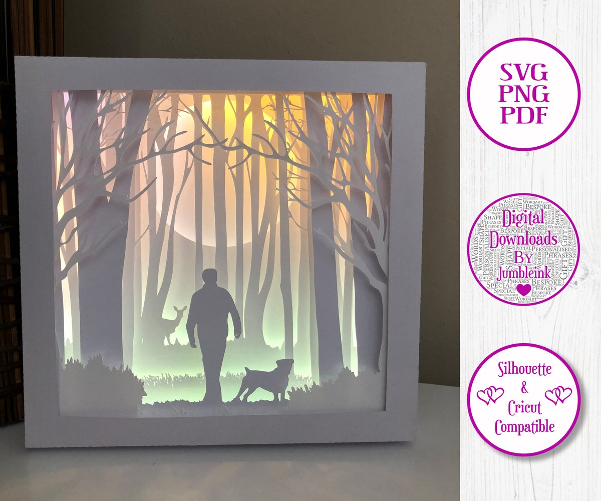 Walking the Dog in the Woods 3D Paper Cut Template Light Box S by Jumbleink etsy.me/3cNScus via <a href="/Etsy/">Etsy</a>