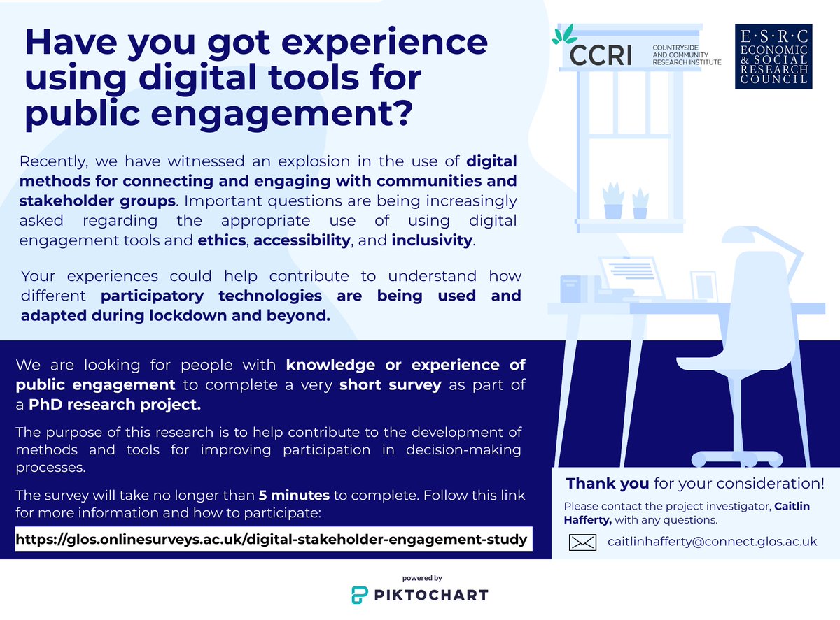 CCRI (@ccri_uk) on Twitter photo Have you got experience in #digitalcommunityengagement? As part of her #PhD #research, <a href="/CaitlinHafferty/">Dr Caitlin Hafferty</a> has launched a very short survey which should take no longer than 5 minutes to complete. 💻 Click here for the survey & more info about the study: glos.onlinesurveys.ac.uk/digital-stakeh… Have you got experience in #digitalcommunityengagement? As part of her #PhD #research, <a href="/CaitlinHafferty/">Dr Caitlin Hafferty</a> has launched a very short survey which should take no longer than 5 minutes to complete. 💻 Click here for the survey & more info about the study: glos.onlinesurveys.ac.uk/digital-stakeh…