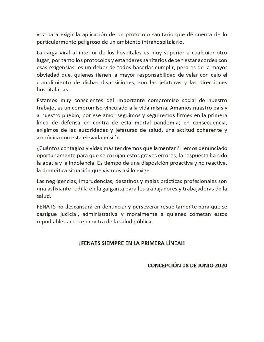 Declaración pública FENATS Hospital Regional de Concepción, 08 de junio 2020.
#fenats #concepcion #Covid_19 #COVIDー19chile #ChileMuere #Chile