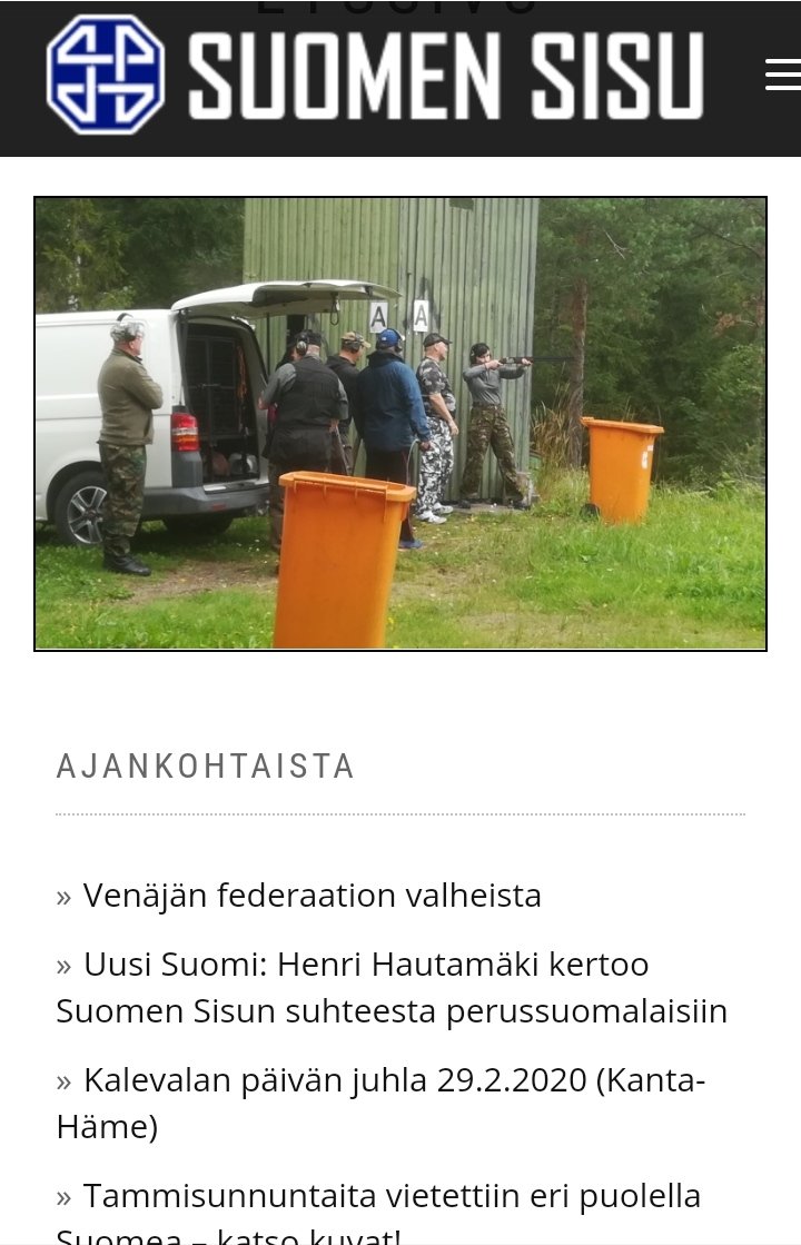 Katukissa161's tweet photo. @TKotonen Esimerkiksi perussuomalaisiin läheisesti kytkeytyvän Suomen Sisun kotisivulla on vuosia ollut tämä asekuva etusivun vaihtuvissa kuvissa. Jälkimmäinen kuva @VarisVerkosto sivulta. https://t.co/zpa6SMrMwC
