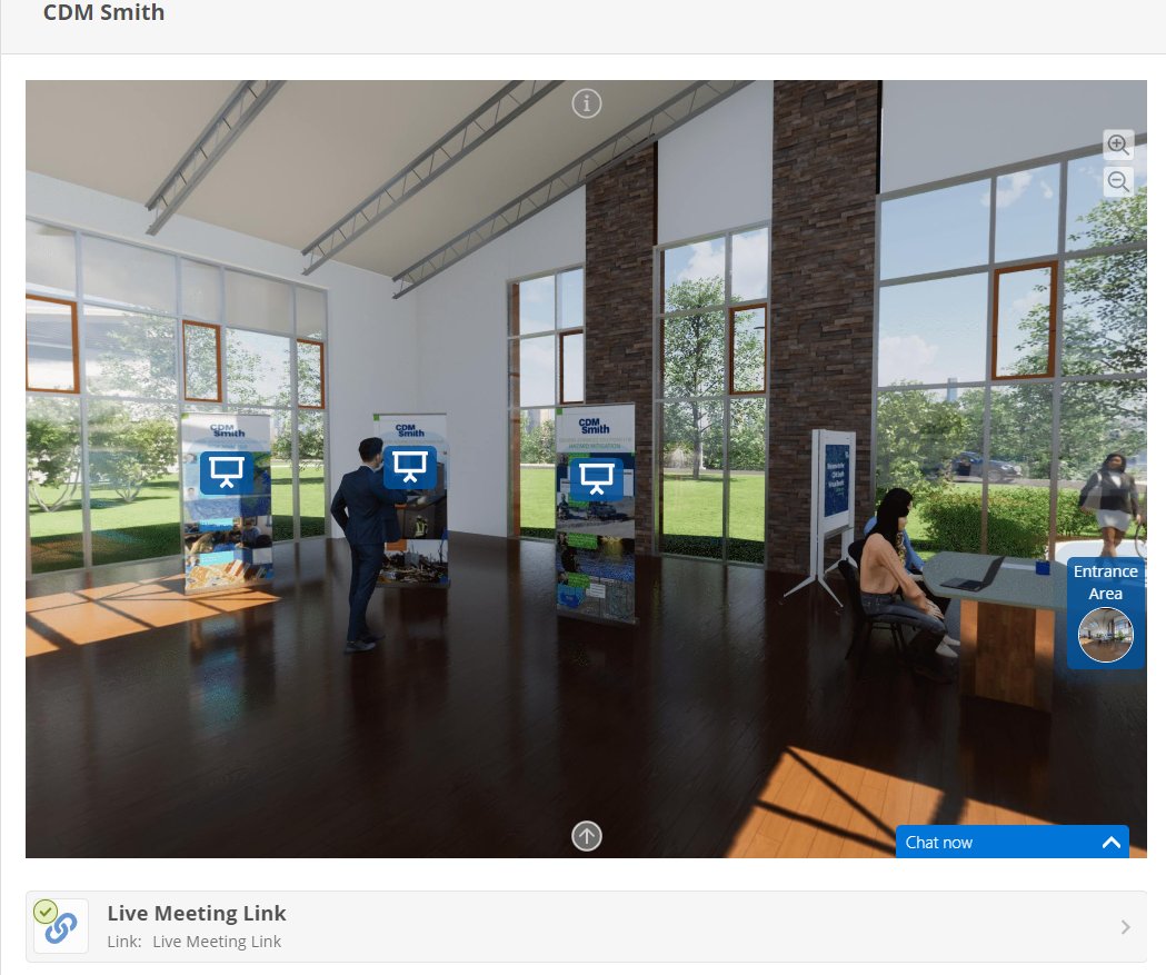 CaufieldBA's tweet photo. We've survived our first sessions and we are now at our Virtual Exhibit Hall break. Stop by @CDMSmith booth. We have a landing page to explain how to use our virtual space and enter the board area. We even have options to chat or see us live! #ASFPM2020 https://t.co/jFXMazh7Bt