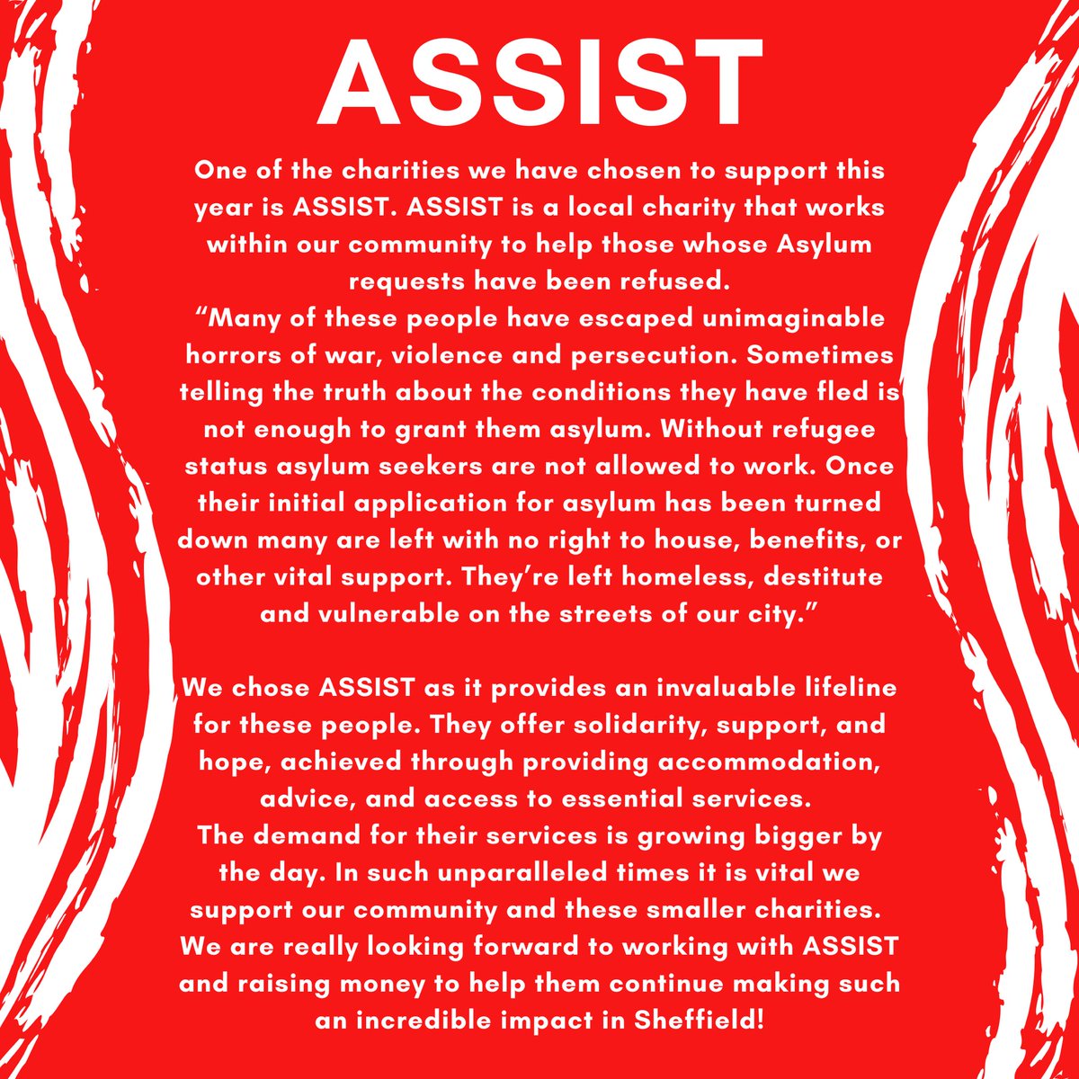 SHEFHSTSOC's tweet photo. We are incredibly proud to announce the charities that we will be supporting this year are Assist and The Sunday Centre! Both of these organisations represent the community spirit and values that we as a society wish to embody! 

HSTSOC❤️🌈🤩 https://t.co/pFBLWQgDsx