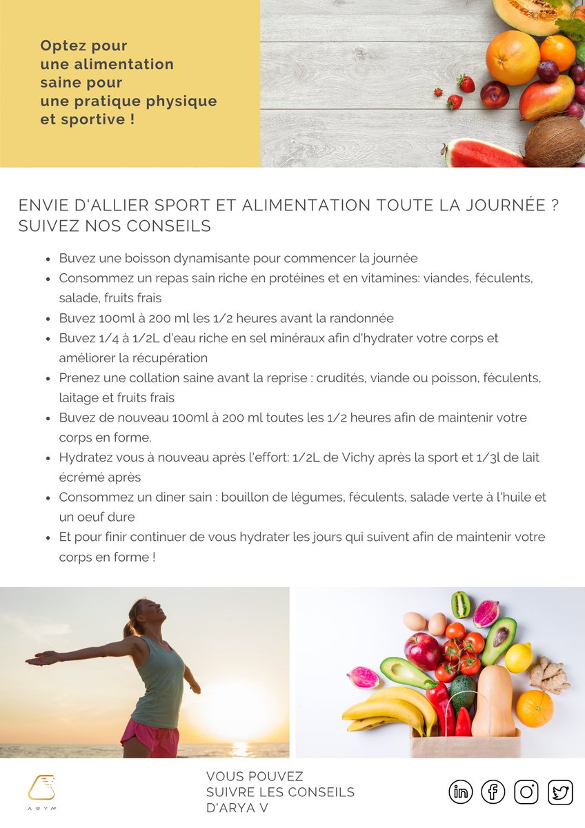 AryaVPlus's tweet photo. Cette semaine l'équipe Arya V s'est préoccupée de votre alimentation.
A travers cet article, vous pourrez découvrir les conseils des experts sport - santé pour bien vous préparer à la pratique d'une activité physique. @AryaVPlus #alimentation https://t.co/yTadhcye9N