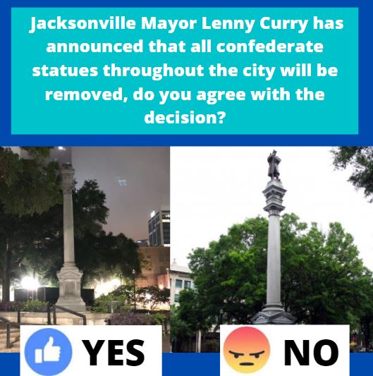 FCN2go's tweet photo. WEIGH-IN: Jacksonville Mayor Lenny Curry announced that all confederate statues throughout the city will be removed. Do you agree? We want to hear from you! MORE: https://t.co/XwL0p6rrME https://t.co/yeS2g1xDcL