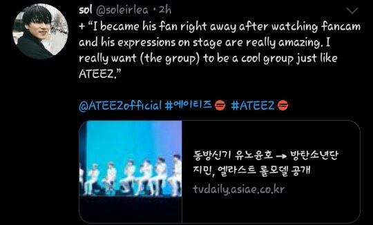  #ELAST Wonhyuk mentioned ATEEZ and SanHe wants his group to be a cool group like ATEEZ and he chose San as his role model and as someone he admires @ATEEZofficial  #ATEEZ    #에이티즈   https://twitter.com/soleirlea/status/1270320482894573568?s=19