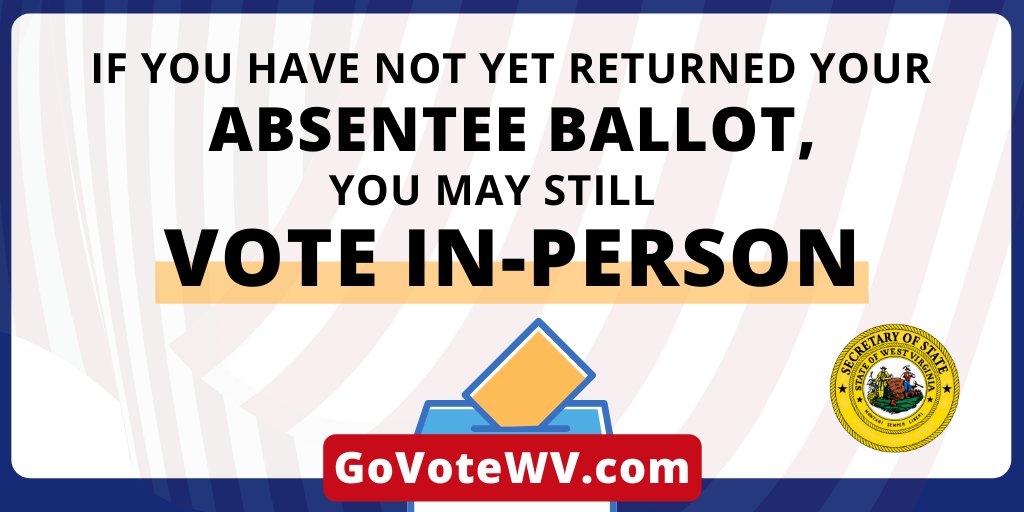 wvsosoffice's tweet photo. Absentee ballots must be postmarked by today, June 9, and received by canvass to count!
Changed your mind about voting absentee? Take your absentee ballot with you to the polls or you will be issued a provisional ballot. If you already voted absentee, you may not vote in person. https://t.co/fnEKc0wmp5