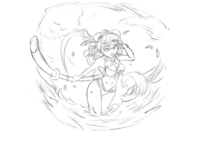 今回の水着イラストはグラブルの水着イラストの構図を参考にラフまで描いてみました。明日からこれ完成に向けて頑張るぞー٩( 'ω' )و 