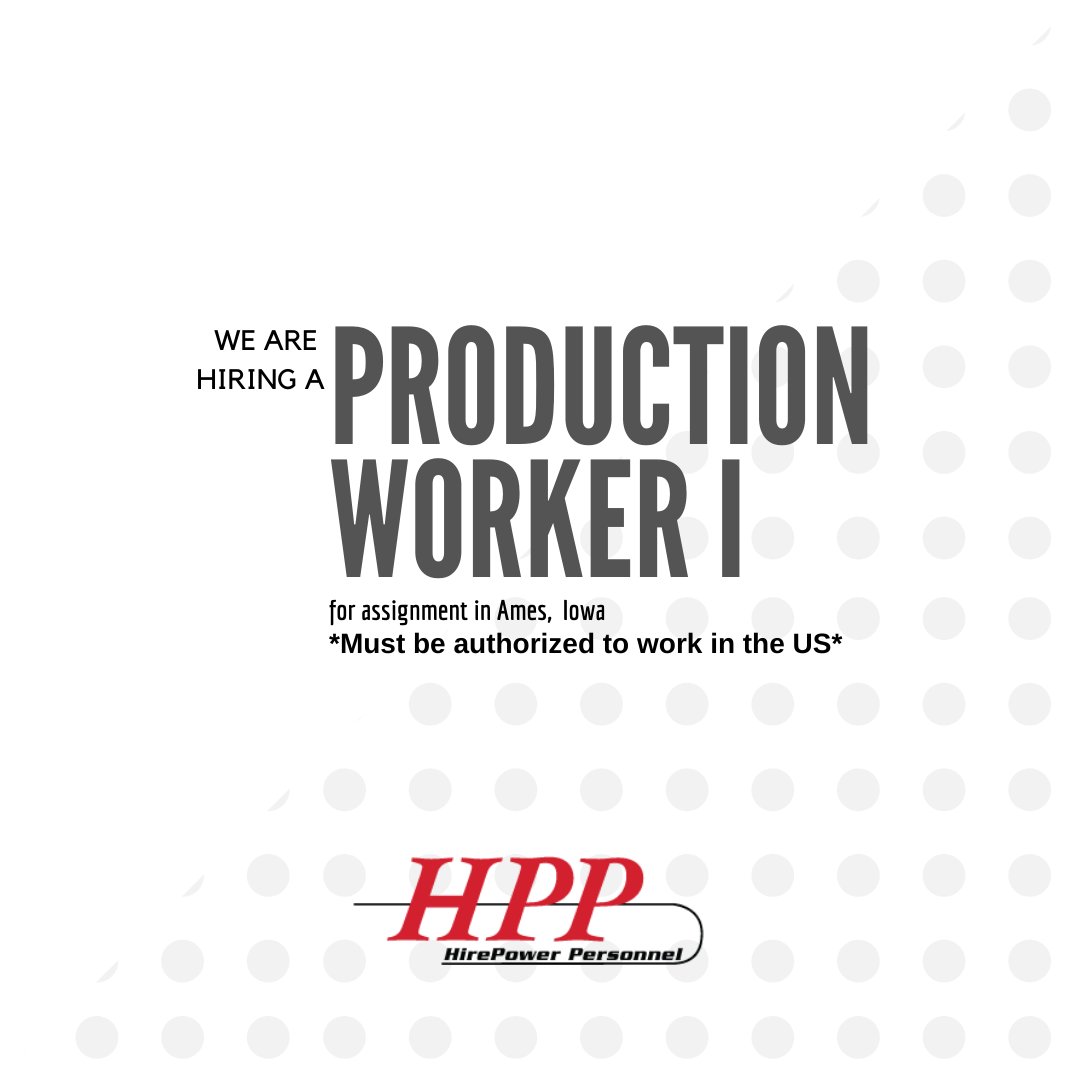 HPPStaffing's tweet photo. We are hiring a Production Worker I for assignment in Ames, Iowa to apply and for more information please visit the following link: https://t.co/FiBfopMj3X #ProductionWorker #Ames #Iowa #jobs #hiring #jobopening #employment #wearehiring #growwithus #jobopportunities https://t.co/66gJNhhtTP