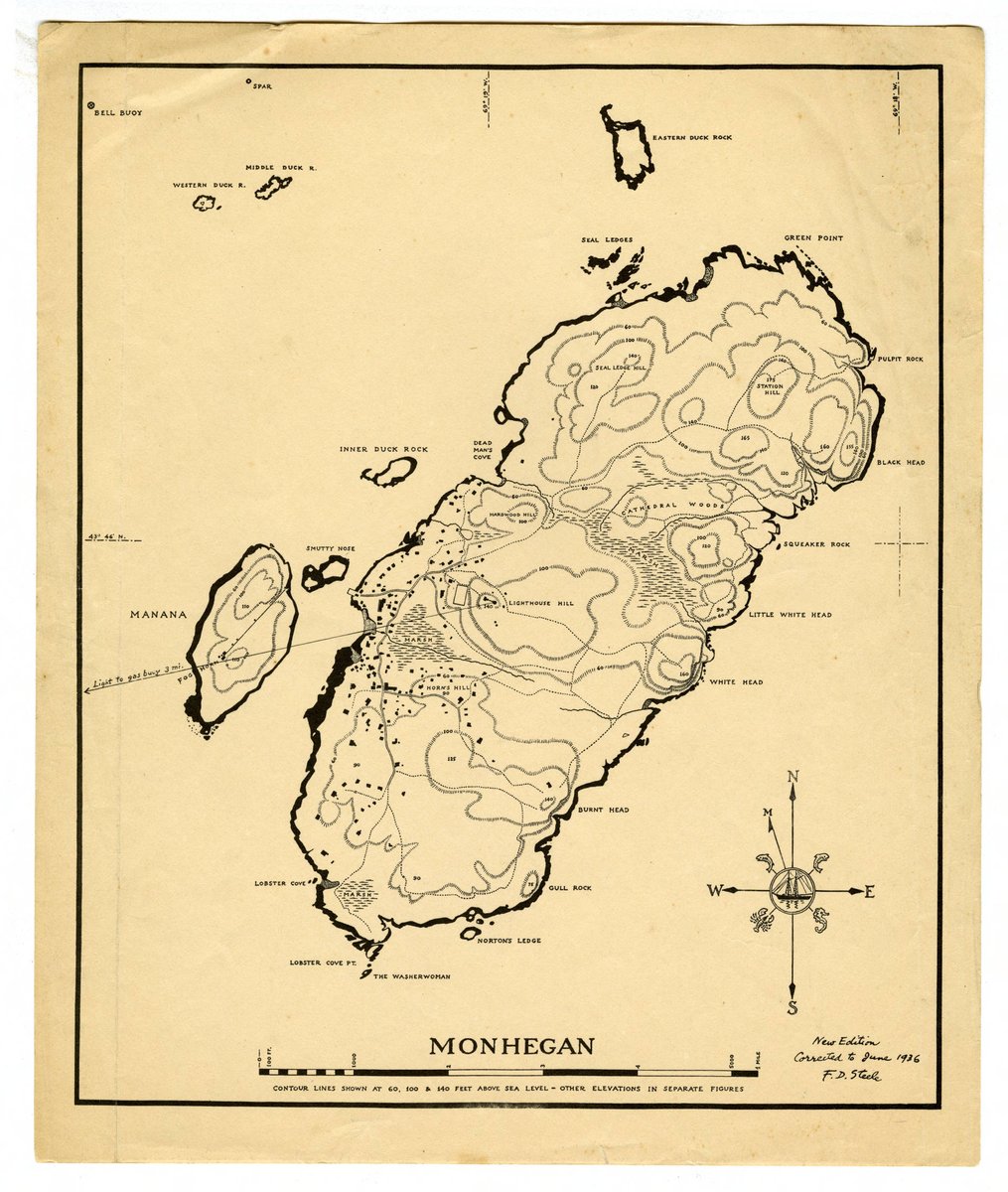 The Steele family spent quite a bit of time on Monhegan Island & still has a close association w/ this place, as evident in this map  @SherlockUMN  @umnlib, corrected by FDS & dated June 1936. The artist colony here was established in the mid-19th century.  http://purl.umn.edu/99522 