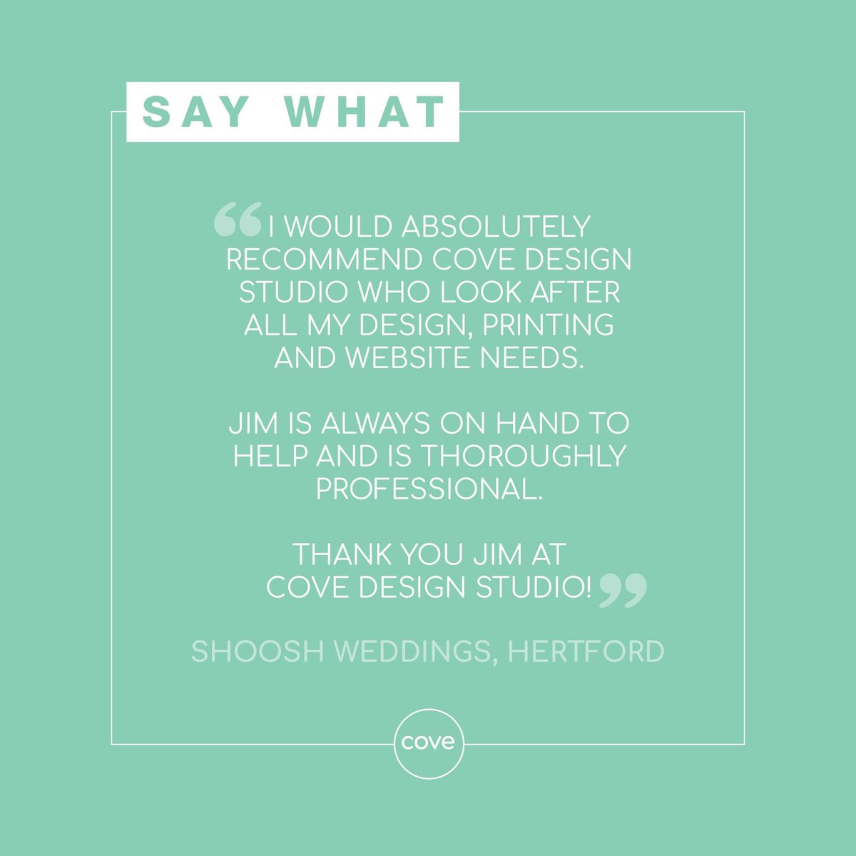 Always nice to receive a positive review. It's also great working with another local business. This is what Dan at <a href="/ShooshWeddingDJ/">Shoosh Weddings</a> thinks of Cove.

To find out how we can help with your next design project email - info@covedesignstudio.co.uk

#design #webdesign #print #hertford