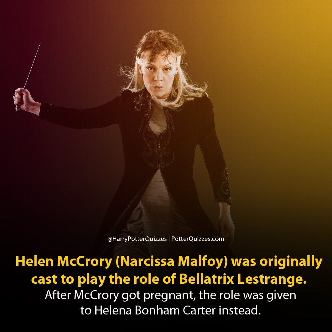 Helen McCrory was originally cast to play the role of #BellatrixLestrange. 
After McCrory got pregnant, the role was given to Helena Bonham Carter.
McCrory was later cast as #Draco's mother, Narcissa Malfoy. #HarryPotterFacts