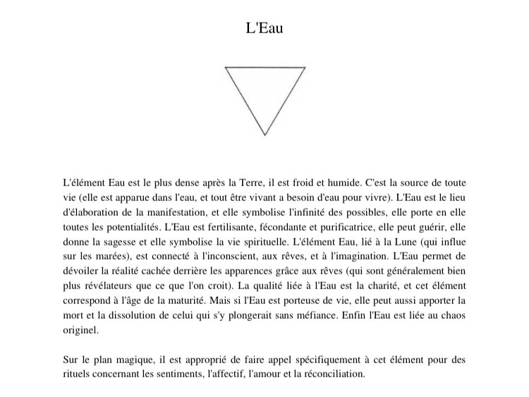 ✎ L’eau.Correspondances :•Direction : Ouest•Tarot : Coupes•Couleur : Bleu•Saison : Automne•Signes Astrologiques : Cancer, Scorpion et Poissons