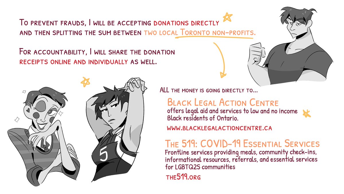 I'm doing $25 b&w waist-up donation drawings! DM or email me at thestripeyworm@gmail.com if you'd like to donate and get a drawing in exchange ?
100% is going to 2 Toronto-non profits: the Black Legal Action Centre The 519: LGBTQ2S COVID-19 Relief fund
(RTs appreciated ❤️)
