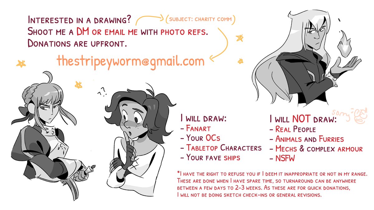I'm doing $25 b&w waist-up donation drawings! DM or email me at thestripeyworm@gmail.com if you'd like to donate and get a drawing in exchange ?
100% is going to 2 Toronto-non profits: the Black Legal Action Centre The 519: LGBTQ2S COVID-19 Relief fund
(RTs appreciated ❤️)