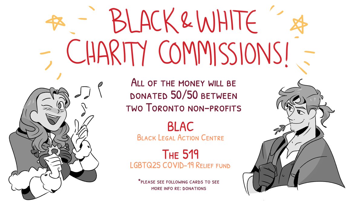 I'm doing $25 b&w waist-up donation drawings! DM or email me at thestripeyworm@gmail.com if you'd like to donate and get a drawing in exchange ?
100% is going to 2 Toronto-non profits: the Black Legal Action Centre The 519: LGBTQ2S COVID-19 Relief fund
(RTs appreciated ❤️)