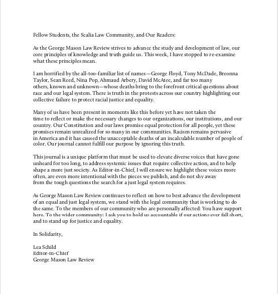 geomasonlrev's tweet photo. A message from George Mason Law Review Editor-In-Chief Lea Schild. https://t.co/PqFNKmdqzT
