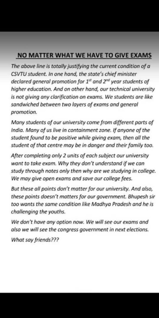 Ashwani46612717's tweet photo. @CsvtuS @bhupeshbaghel @nsui @csvtu @umeshpatelcgpyc @narendramodi @ibc24 @davendra_1925 @PMOIndia please sir help all the students 🙏🙏 students are promote 1,2 &amp; 3year students technical and non technical students https://t.co/NDucQIj8XR