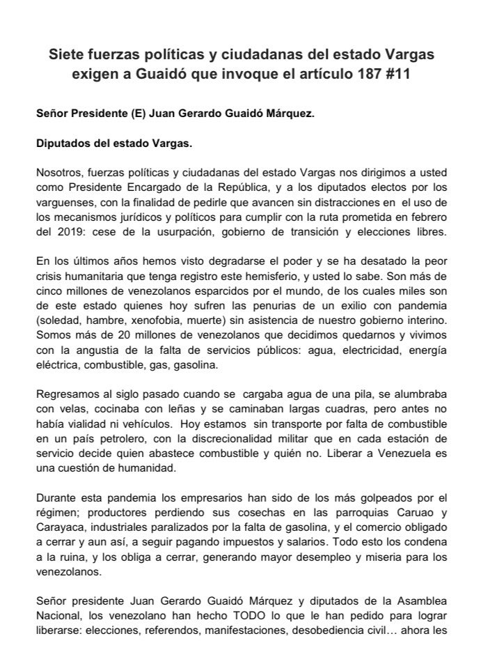 VenteVargas's tweet photo. #COMUNICADO Siete fuerzas políticas y ciudadanas del estado Vargas exigen a Guaidó que invoque el artículo 187 #11
📲 https://t.co/dB5NJU4OTL https://t.co/qSc9rv94QR