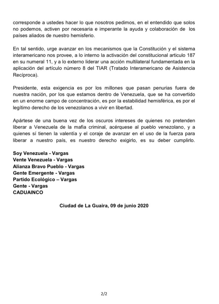 VenteVargas's tweet photo. #COMUNICADO Siete fuerzas políticas y ciudadanas del estado Vargas exigen a Guaidó que invoque el artículo 187 #11
📲 https://t.co/dB5NJU4OTL https://t.co/qSc9rv94QR