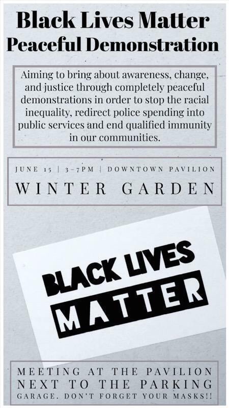 cawthorn_sophia's tweet photo. Peaceful protest in Winter Garden, June 15th @ 3pm https://t.co/xsfvy4FMmn