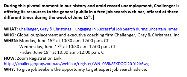 ChallengerGray's tweet photo. Update on our public #jobsearch webinars. Please register here: https://t.co/ducgwsZrbh

If you have lost work during this time, this is for you. Learn more here: https://t.co/OQTQDazBuf

#covid19 #recession #jobs #economy #blacklivesmatter https://t.co/51LI42ceki