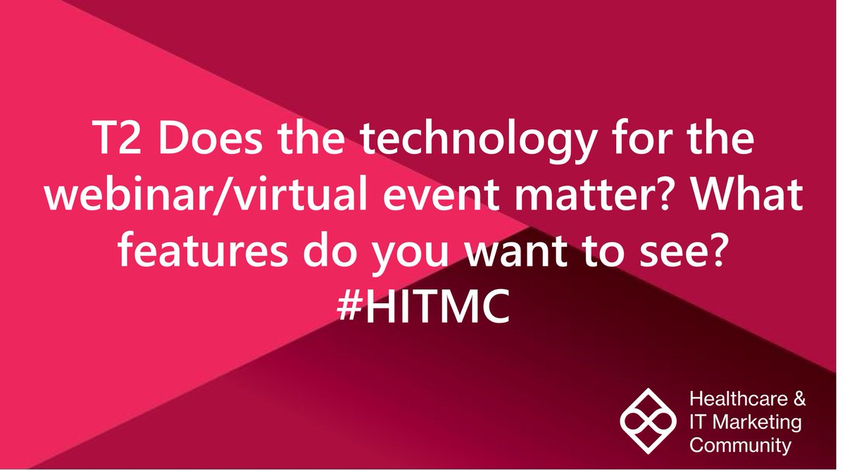 SwaayHealth's tweet photo. T2  Does the technology for the webinar/virtual event matter? What features do you want to see? #HITMC https://t.co/HIVg0a1nlU