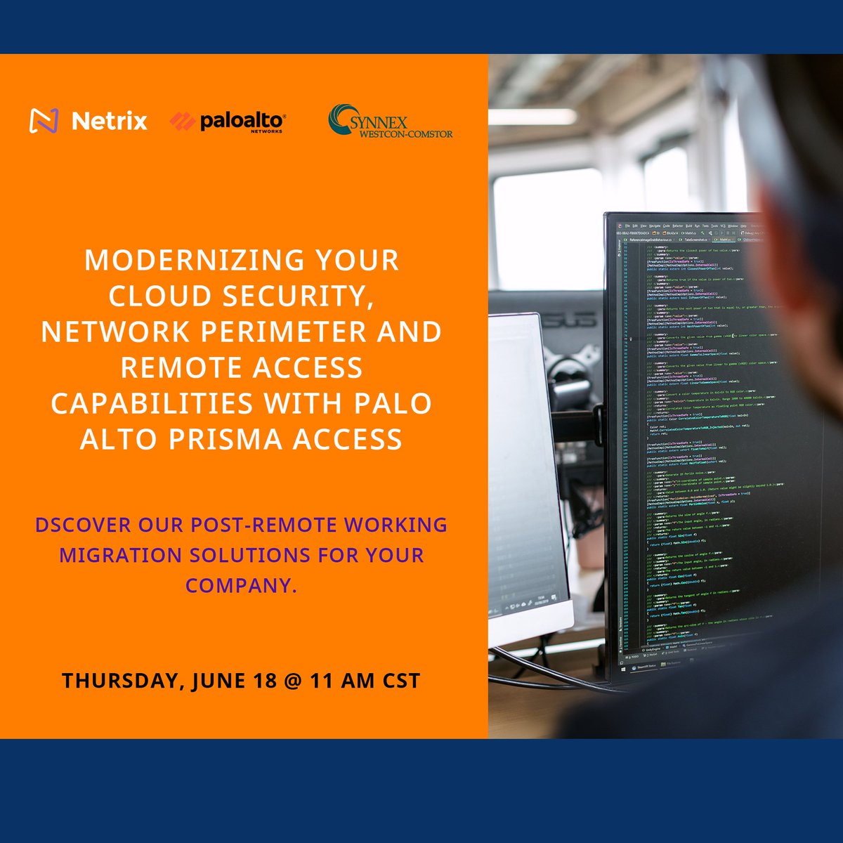 NetrixGlobal's tweet photo. #Netrix, Palo Alto Networks and #Synnex teamed up to present you with complete security solutions on any cloud.
Register here for the webinar:https://t.co/GtZRUJGDpf
#netrixknows #webinar #workfromhome #cloudsecurity https://t.co/ZT6ghfCDN0