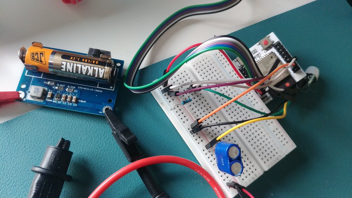 ESP32 running on a single AA with help from a small super cap. It can hold a wifi connection long enough for an API call, which is often all that's needed.