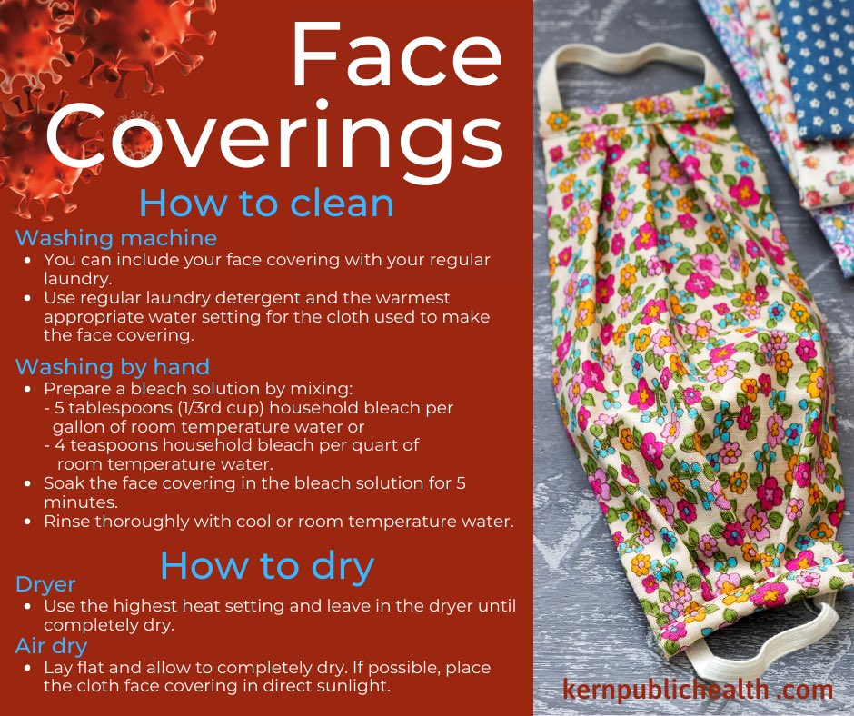 KCPublicHealth's tweet image. Wear #facecoverings when unable to achieve social distancing as we work to slow the spread of #COVID__19 in Kern. 
Follow these tips to ensure your taking proper care of your face covering.