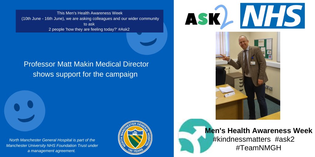 North Manchester General Hospital (@northmcrgh_nhs) on Twitter photo Our Medical Director <a href="/COSMakin/">Matt Makin</a> showing his support for #menshealth awareness week, to staff within North Manchester General Hospital if you'd like to show support please send your #ask2 picture with name and job title to our inbox Our Medical Director <a href="/COSMakin/">Matt Makin</a> showing his support for #menshealth awareness week, to staff within North Manchester General Hospital if you'd like to show support please send your #ask2 picture with name and job title to our inbox