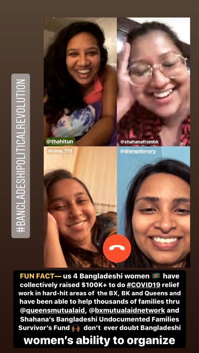 FUN FACT—us Bangladeshi women 🇧🇩 have collectively raised $100K+ for #COVID19 relief work in BX, BK + Qns. We’ve helped thousands of families thru <a href="/BXMutualAidNtwk/">Bronx Mutual Aid Network ✊🏾</a>, Qns Mutual Aid &amp; Bangladeshi Undocumented Families Fund 🙌🏾 don’t ever doubt Bangladeshi women’s ability to organize