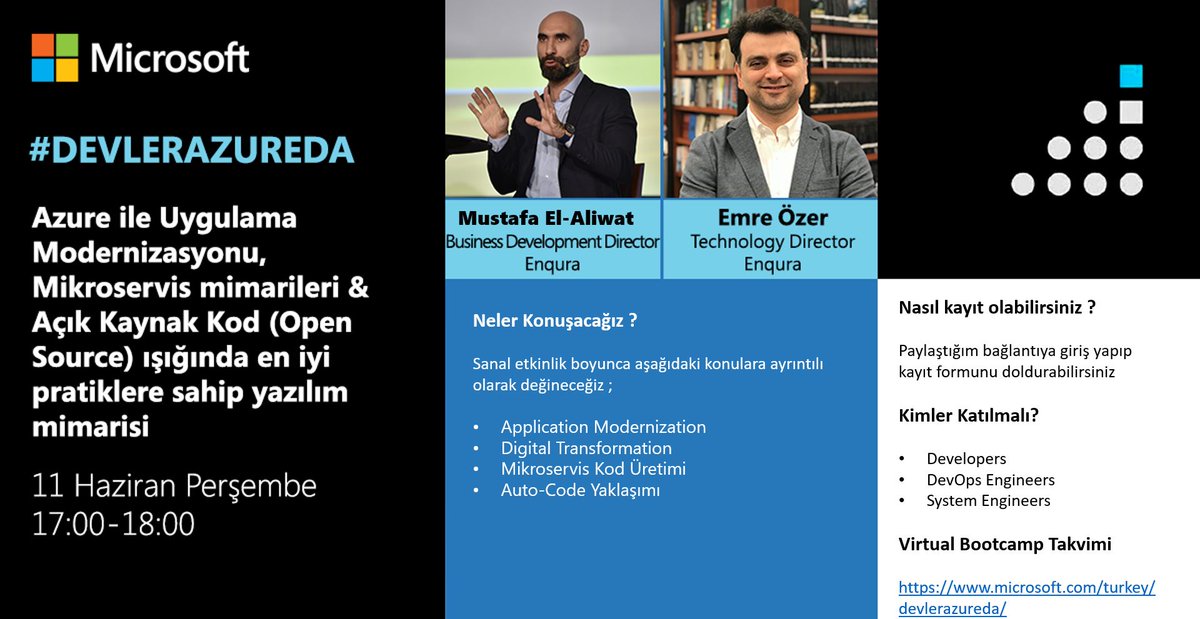 1) Sağ olsun Microsoft, teveccüh etmişler #DevlerAzureda diye bizi onure etmişler.

Güncel teknoloji, araç ve kütüphanelerin yanında uygulama modernizasyonunu nasıl yapabiliriz, Mikroservis mimarisi ne getirir gibi konulara da değineceğiz.