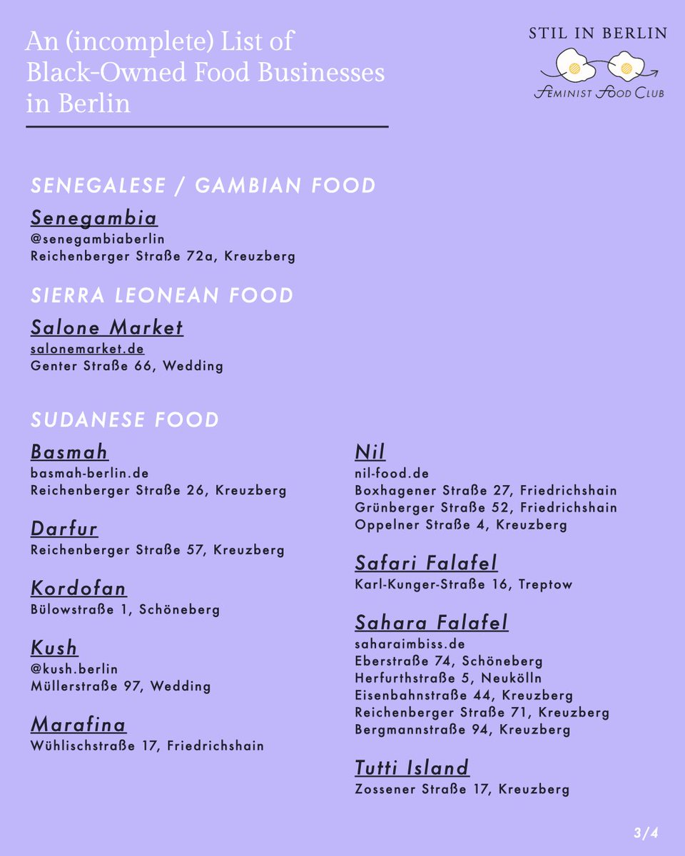 stilinberlin's tweet photo. Created an (incomplete) list of Black-owned food businesses in Berlin. Based on the map of BlackBrownBerlin, a bit of research, and the help of Pamela Owusu-Brenyah. Let me know who you miss in this in the comments! https://t.co/H030imbfjq