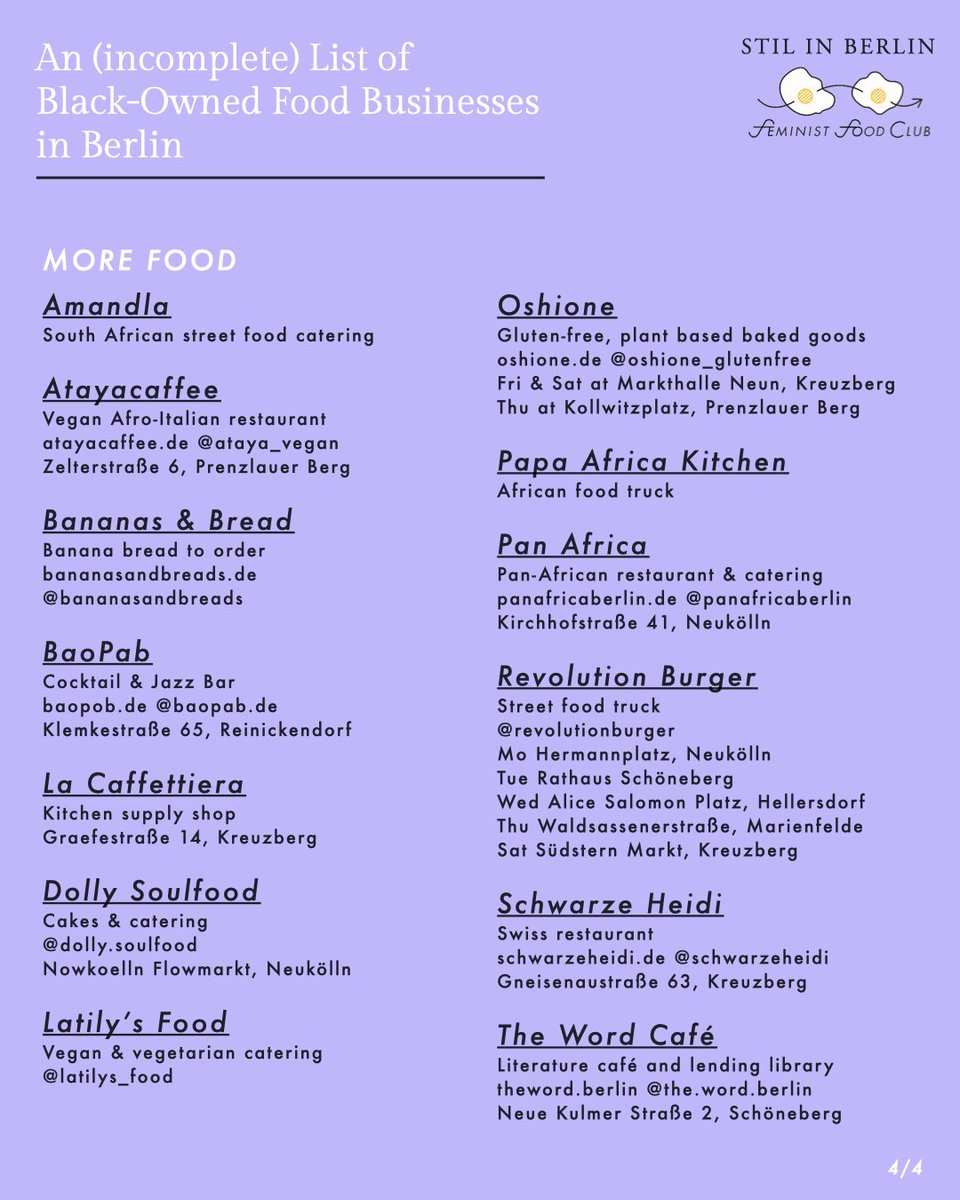 stilinberlin's tweet photo. Created an (incomplete) list of Black-owned food businesses in Berlin. Based on the map of BlackBrownBerlin, a bit of research, and the help of Pamela Owusu-Brenyah. Let me know who you miss in this in the comments! https://t.co/H030imbfjq