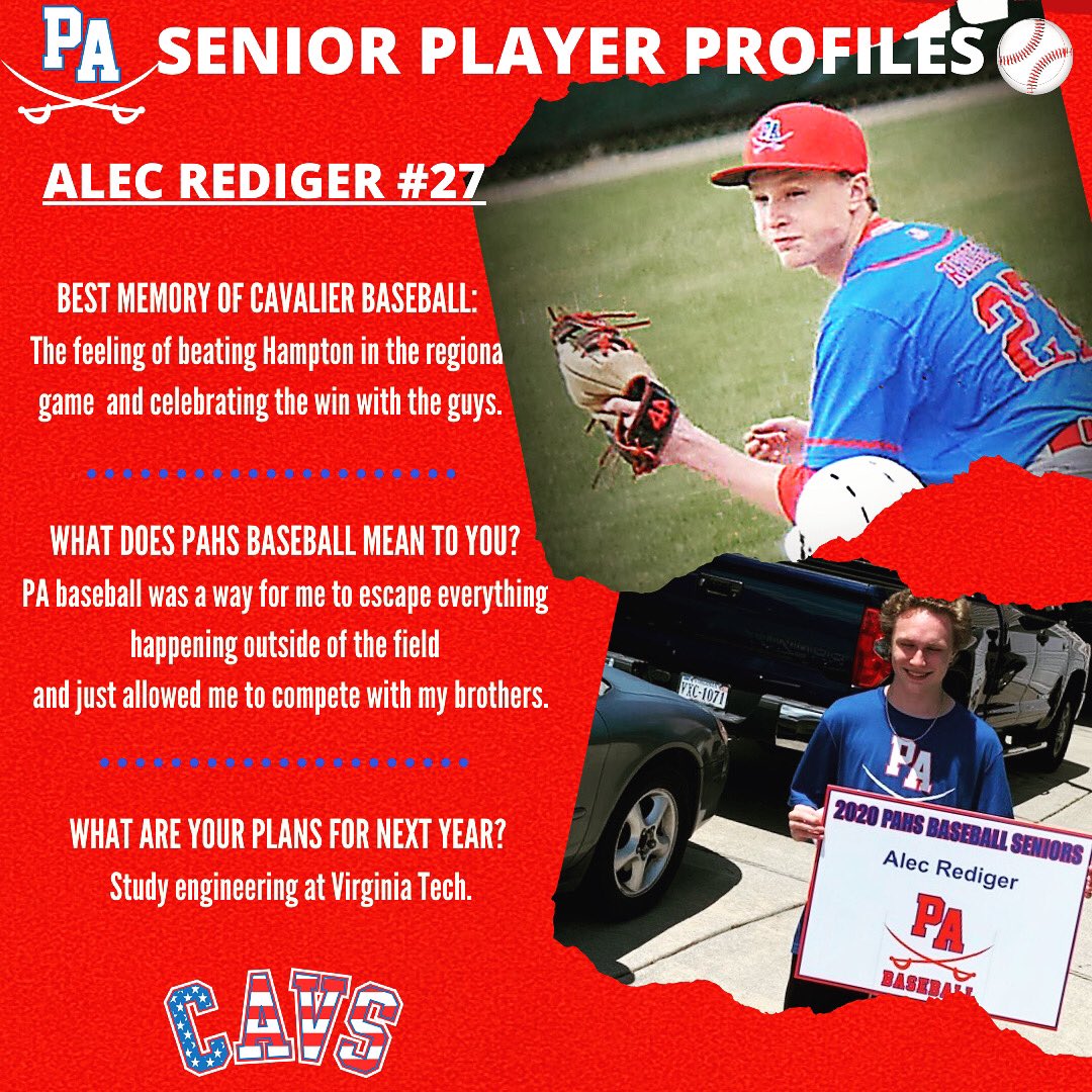 PACavsBaseball's tweet photo. June has been designated the "Month of the VBCPS Graduate" so we will be honoring our 9 Cavalier Baseball Club seniors in social posts throughout the month!
Congratulations to Alec Rediger #27. Best of luck @ Virginia Tech #cavalierbaseball #pahsbaseball https://t.co/HMyhEz8pnR