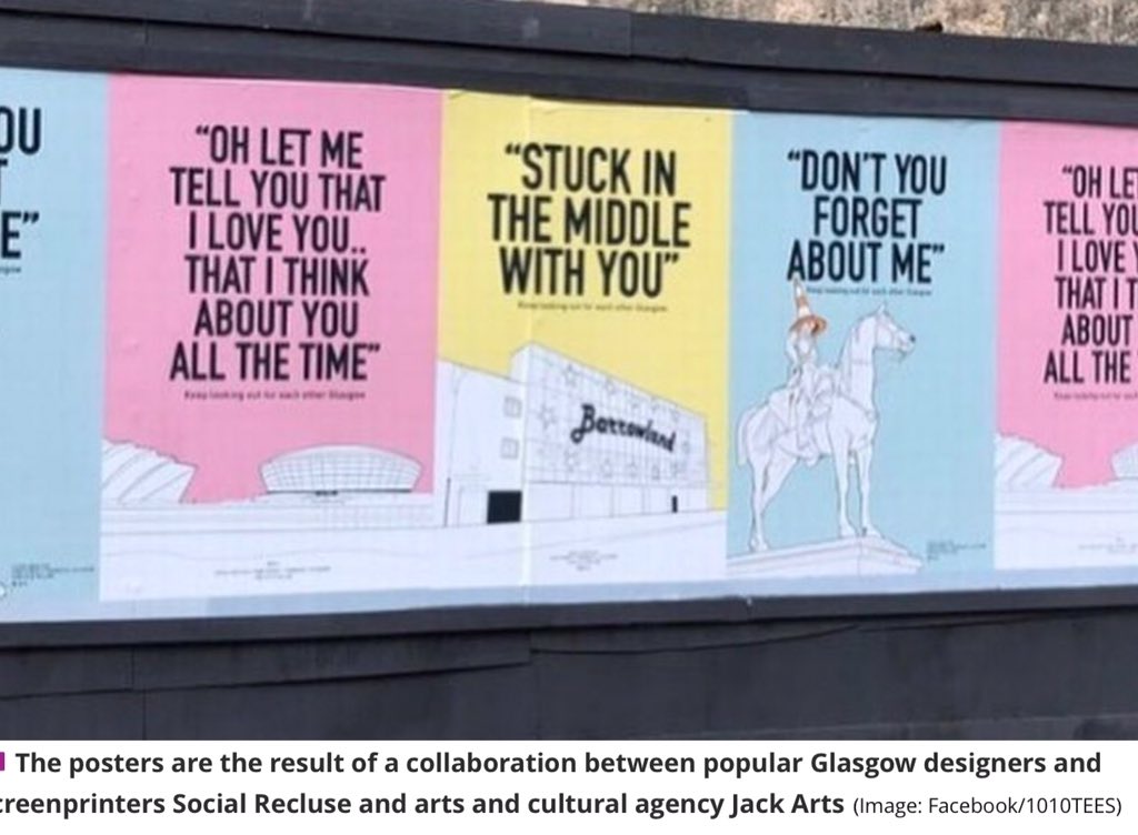 LindaInRealLife's tweet photo. I love my city.
Posters have appeared around Glasgow reminding folk to 'keep looking out for each other' with the lyrics by Scottish artists such as Simple Minds, Dougie MacLean and Stealers Wheel (via @Glasgow_Live )
#keeplookingoutforeachother https://t.co/Fs2dekhiJe