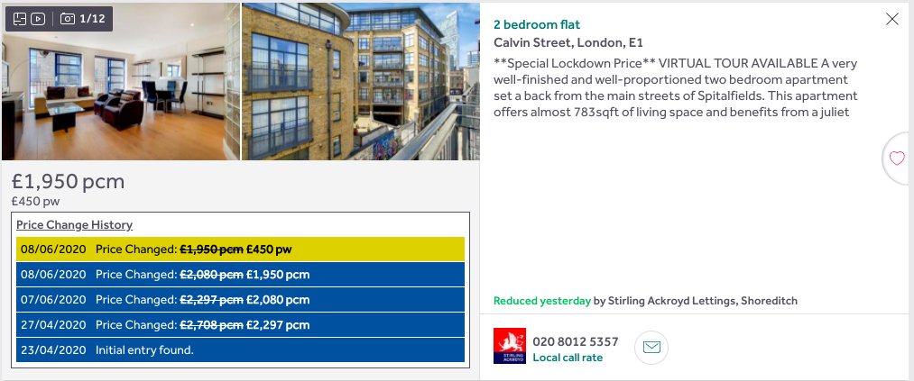 "Special lockdown price". Spitalfields, down 28%.  https://www.rightmove.co.uk/property-to-rent/property-78807136.html