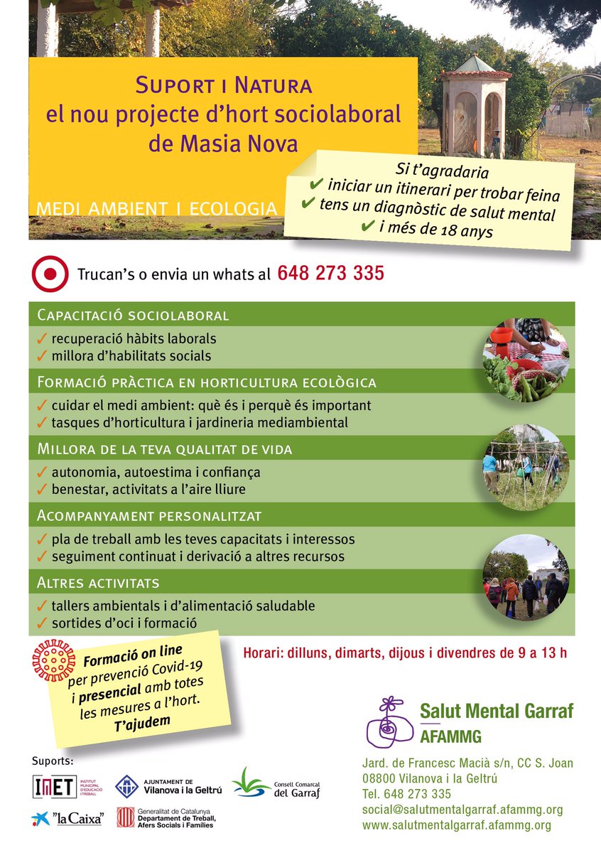 SUPORT I NATURA, el nou projecte d'hort sociolaboral de Masia Nova ja està en marxa! <a href="/imetvng/">IMET</a> <a href="/ajuntamentvng/">Vilanova i la Geltrú</a> <a href="/AjSitges/">Ajuntament de Sitges</a> <a href="/Aj_Canyelles/">Canyelles</a> <a href="/santperederibes/">Sant Pere de Ribes</a> <a href="/OlivellaAj/">Ajuntament d'Olivella</a> <a href="/OlivellaAj/">Ajuntament d'Olivella</a> <a href="/ajcubelles/">Ajuntament de Cubelles</a> <a href="/CCGarraf/">Consell Comarcal del Garraf</a> <a href="/SalutMentalCat/">Salut Mental Catalunya</a>