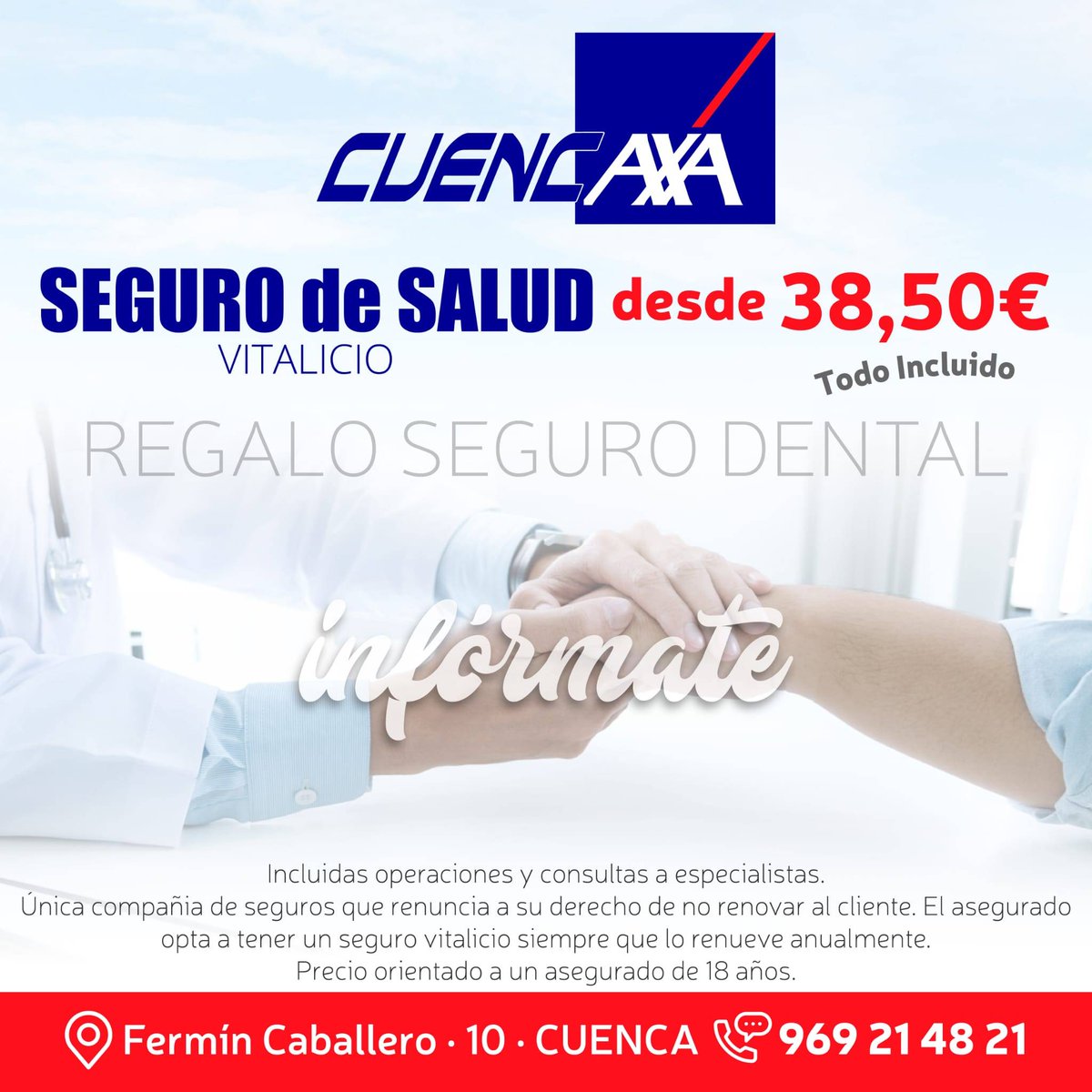 CuencaxaSeguros's tweet photo. CUENCAXA lanza su nueva campaña para que tu #salud y la de toda tu #familia esté cubierta de por vida.
Tu Seguro de Salud VITALICIO disponible al mejor precio con la Compañía de Seguros #AXA y con regalo incluido.
Contacta con nosotros para más información
https://t.co/3ku0eAhI14 https://t.co/bs6POlS1Fm
