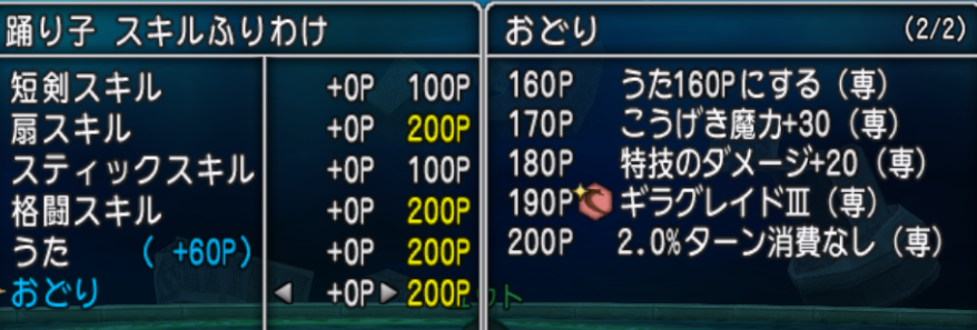 ユウト 踊り子が強いという噂を耳にしたので 私もスキル見直しをしてみました なるほど格闘踊り子 武に迫る勢いの強さですぞ 特技ダメージ が２つ付いたうえに 攻撃力も武と同等 会心ラップでばくれつけんのダメージレートは踊りに軍配が上がり