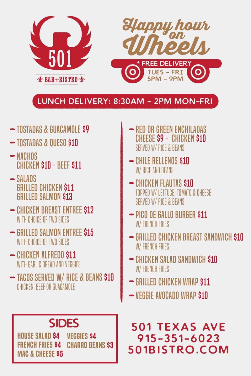 501Bistro's tweet photo. Good Morning!!  We are excited to combine our downtown lunch and newly introduced Happy Hour On Wheels!!  We will be introducing a limited menu for the time being, but will accommodate our full menu if ordered in advance.  We can not wait to see you guys!! https://t.co/GCUoCkLTFx