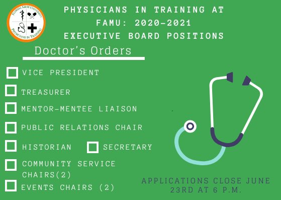 famupit's tweet photo. The diagnosis is in! FAMU Physicians in Training is accepting applications for executive board!
1. Find the application link in group me or in our bio!
2. Apply by June 23rd at 6 PM!
3. Look out for the next steps as a candidate! Questions? Email famupit@gmail.com or DM @famupit https://t.co/s60XVlOsBo