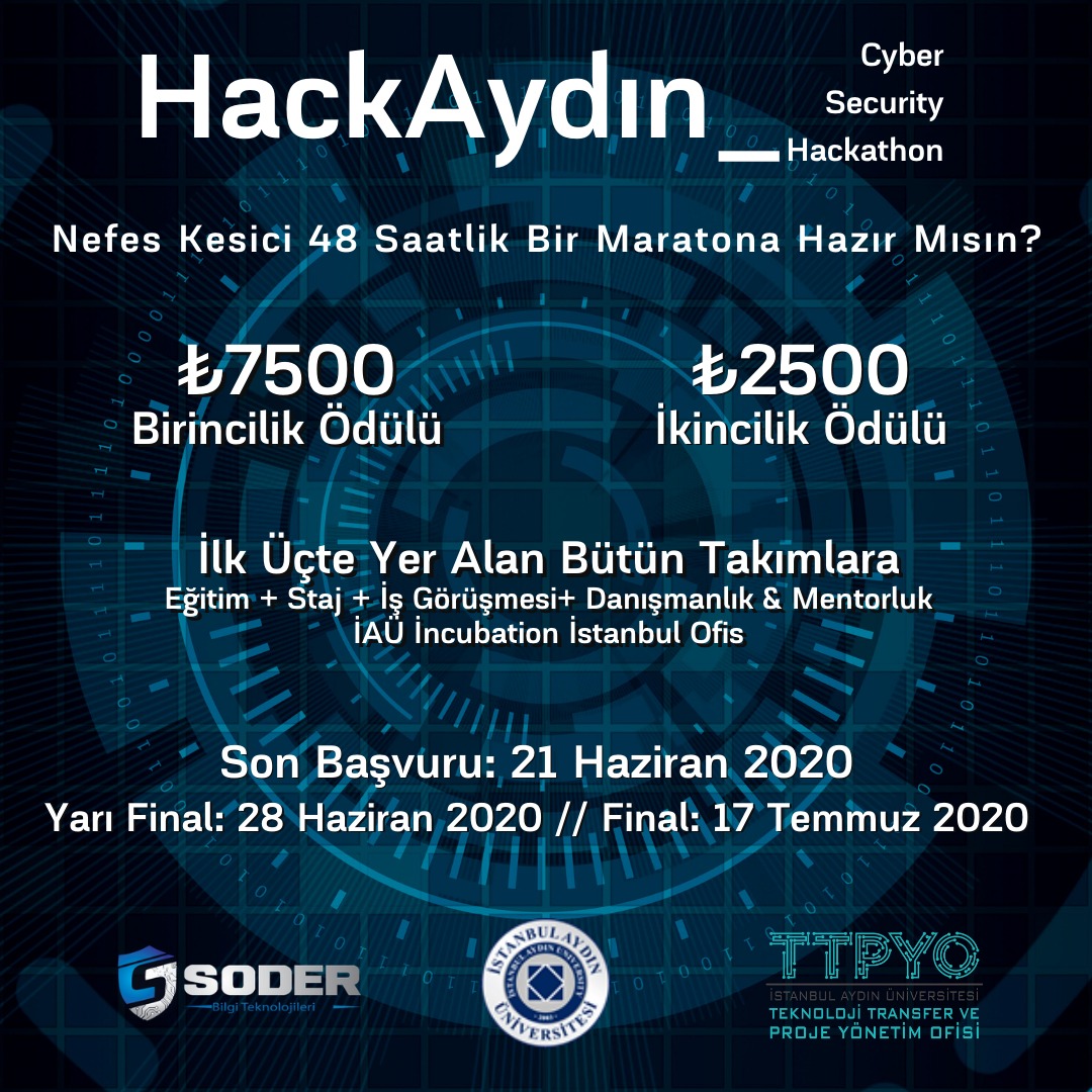 Siber Güvenlik Merkezimiz, @iauttpyo, SODER ve Brightlab işbirliği ile "online" Sibergüvenlik Hackathon'u düzenliyoruz.
2 günlük yarışma, mentorluklar, sunumlar, canlı yayınlar....

Ekibini kur, başvurunu yap ve 2 günlük bu heyecana sen de katıl!

#teknoloji #cybersecurity