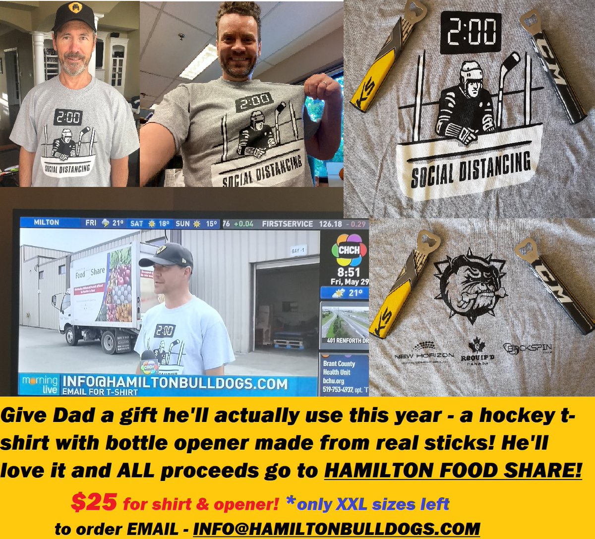 BulldogsFDN's tweet image. Get Dad a great #fathersday2020 gift &amp;amp; support @HFShare with these #selfdistancing @BulldogsOHL shirts! Each shirt comes with a bottle opener made of sticks by @requip_d - ONLY $25! (ALL funds go to FoodShare). To order email INFO@HAMILTONBULLDOGS.COM. (only XXL sizes left!)