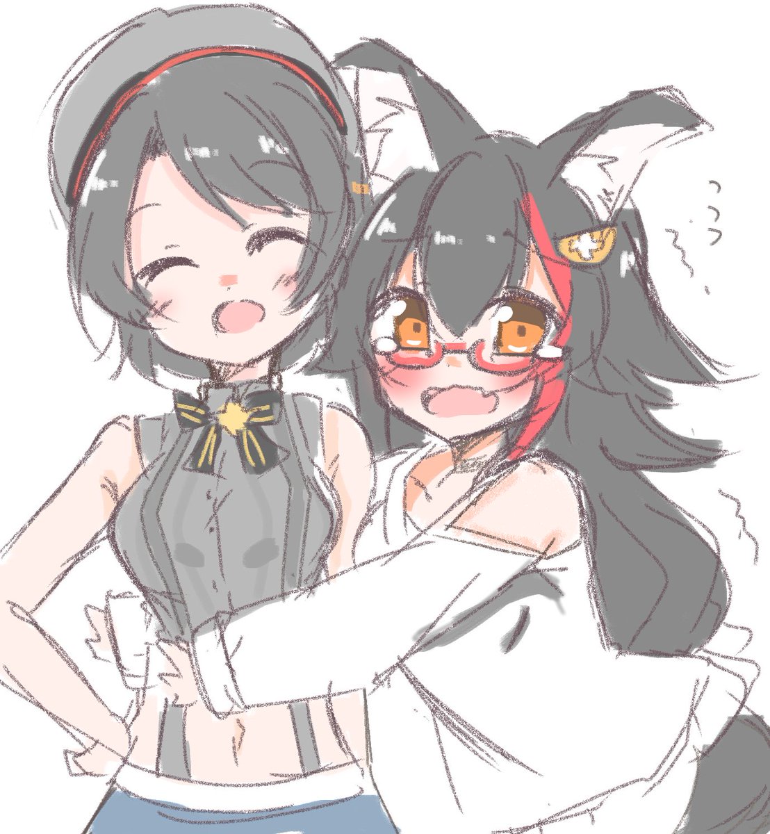 大神ミオ ,大空スバル 「怖くてスバルちゃんに助けをもとめるミオちゃん可愛かった・・・
#みおーん絵
#プ」|たまき七式(ななしき)のイラスト