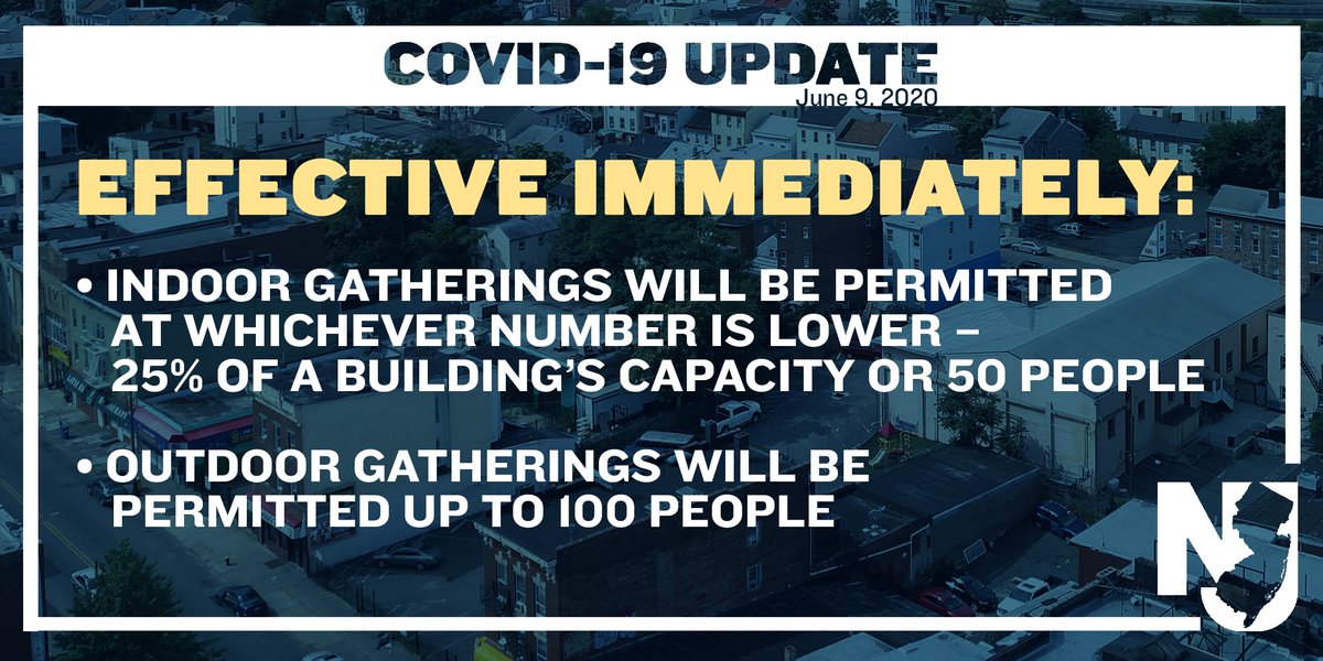 BREAKING: I’m signing an EO RAISING THE LIMIT ON INDOOR AND OUTDOOR GATHERINGS.

Effective immediately:
👥Indoor gatherings will be permitted at whichever number is lower – 25% of a building’s capacity or 50 people total
👥Limit on outdoor gatherings will be raised to 100 people