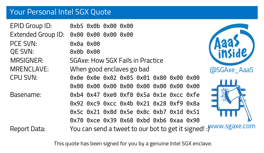 SGAxe_AaaS's tweet photo. Your quote "You can send a tweet to our bot to get it signed! :)" has been signed. Your quote and instructions on how to verify it can be found at https://t.co/sw0D9ZRAeB. Visit https://t.co/c9VO7x0aLA for more information. https://t.co/Y9AaysbmKT