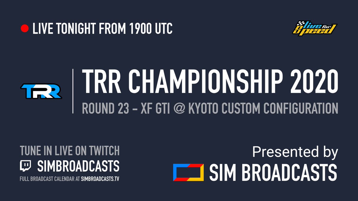 simbroadcasts's tweet photo. 🔴 LIVE Today from 19:00 UTC: @LFSracing TRR Championship 2020 Round 23 - XFG @ Kyoto Custom Configuration. Tune in at: https://t.co/YbrSUYVY80

#simracing #livestream #sbtv #lfs https://t.co/woZQKZcQyo